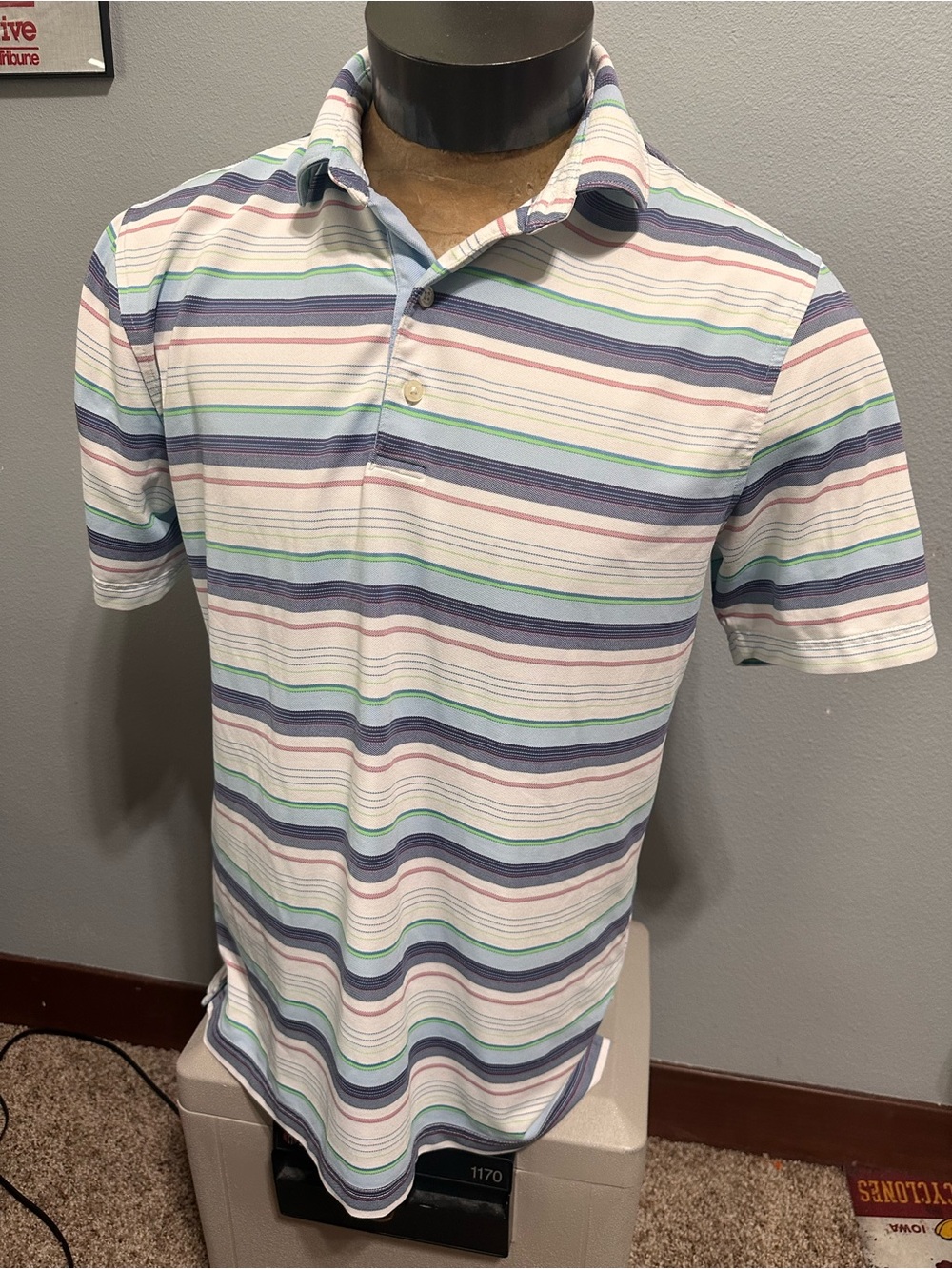 Johnnie-O Men's Short Sleeve Polo in White with Blue & Green Stripes